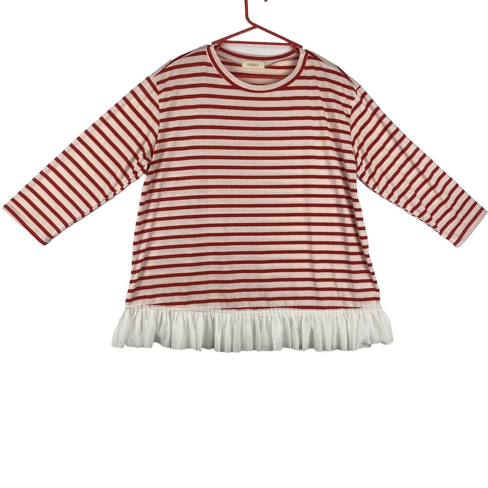Women’s Boat Neck 3/4 Sleeve Red & White Striped Top Ruffle Hem Size M - Picture 2 of 10